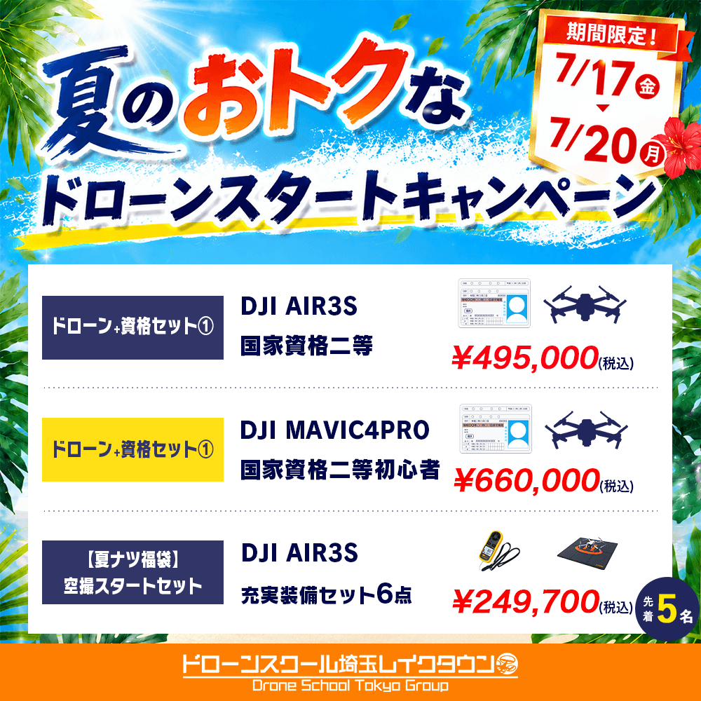 
ドローンスクール埼玉おすすめキャンペーン／地域最安値に挑戦！？法人向けドローン国家資格二等初心者コース(基本飛行)をお申し込みの方限定で通常価格から5万円割引いたします！⁡ 〇キャンペーン内容通常価格 300,000円(税込)のところ、★キャンペーン価格★  250,000円(税込)〇キャンペーン期間5/31(日)まで〇期間限定キャンペーン